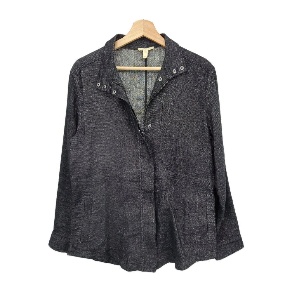 Eileen Fisher Stand Collar Zip Black/Gray Denim Style Jacket Linen Blend Small